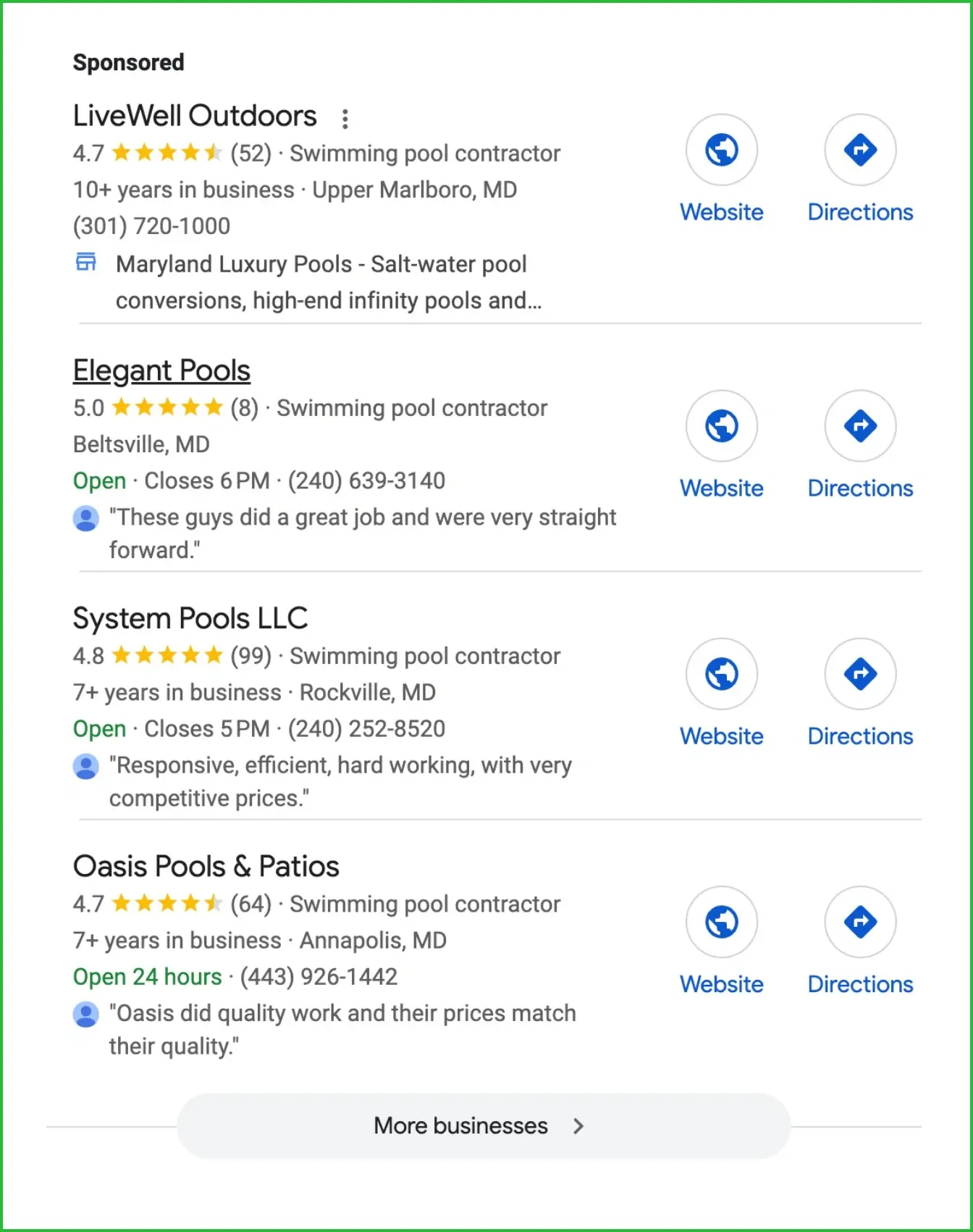 Google local map pack for pool contractors near me in Maryland.