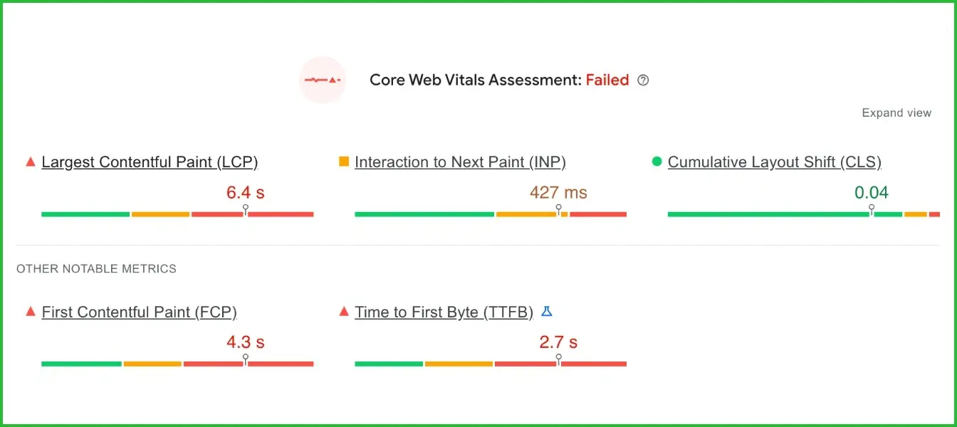Pool builder website with failed core web vitals test.