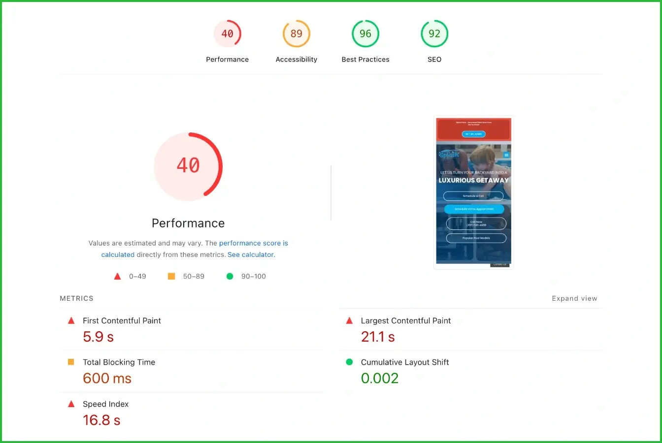 Page speed insights for pool company website.