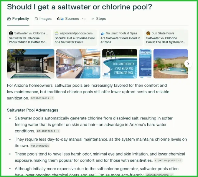 Perplexity search result for salt water vs. chlorine pool.