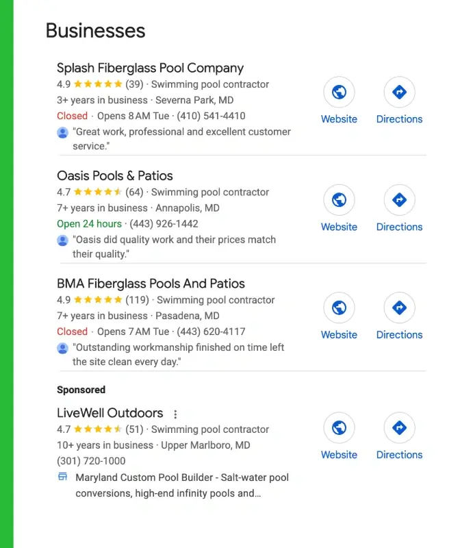 Google local map pack for pool contractors near me in Maryland.