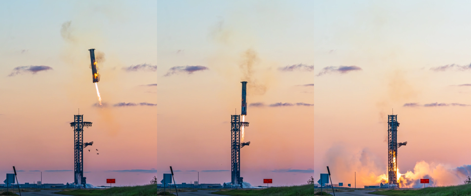 The landing of IFT-5 Super Heavy Booster 12 captured by a remote camera positioned directly behind the platform, showcasing the moment the mechanical arms, known as Mechazilla, grasp the booster. 