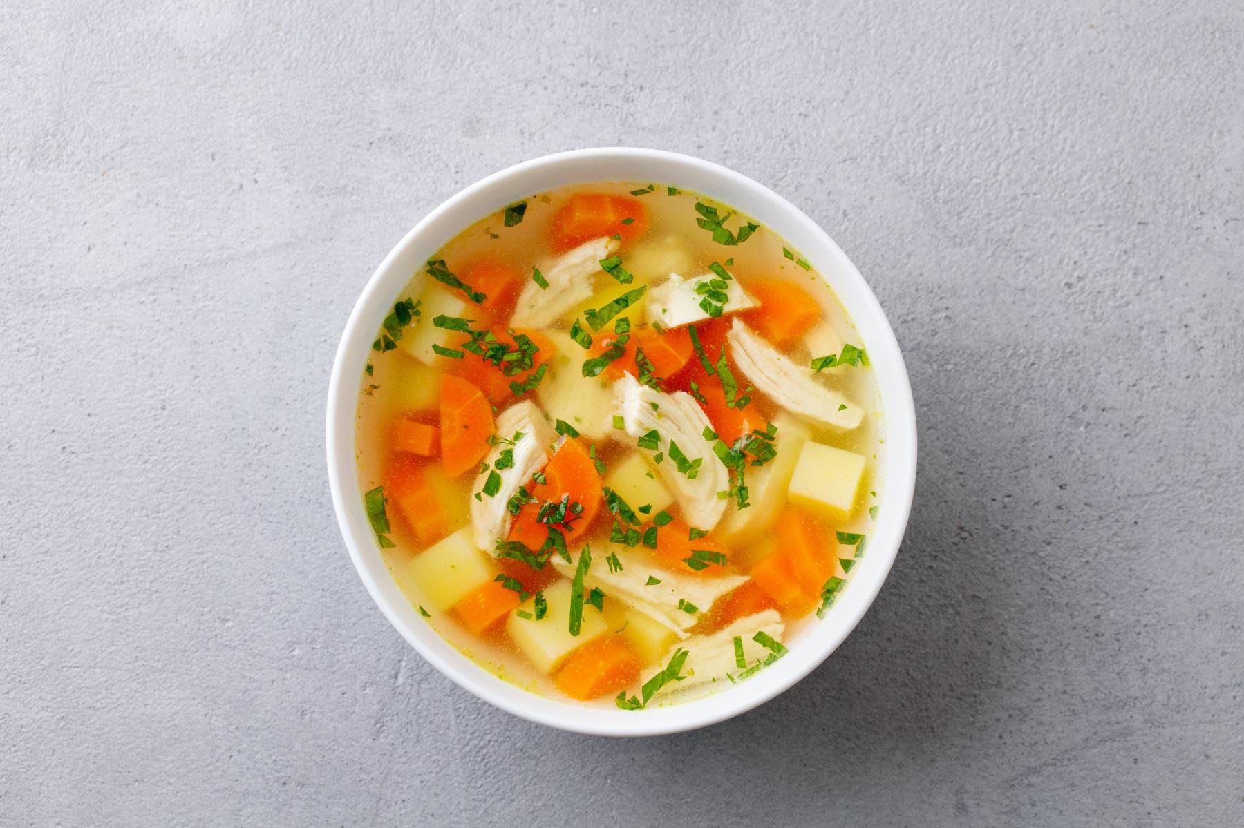 overhead image of a bowl of chicken soup