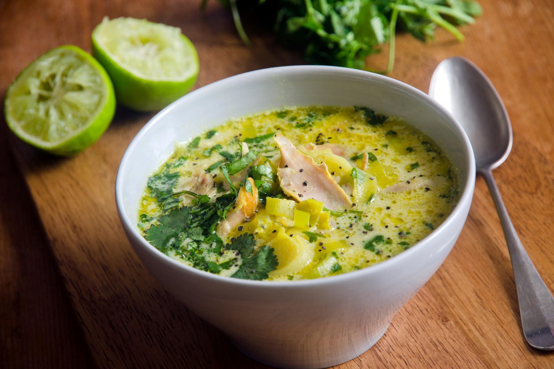 Close-up of a bowl of ajiaco soup.