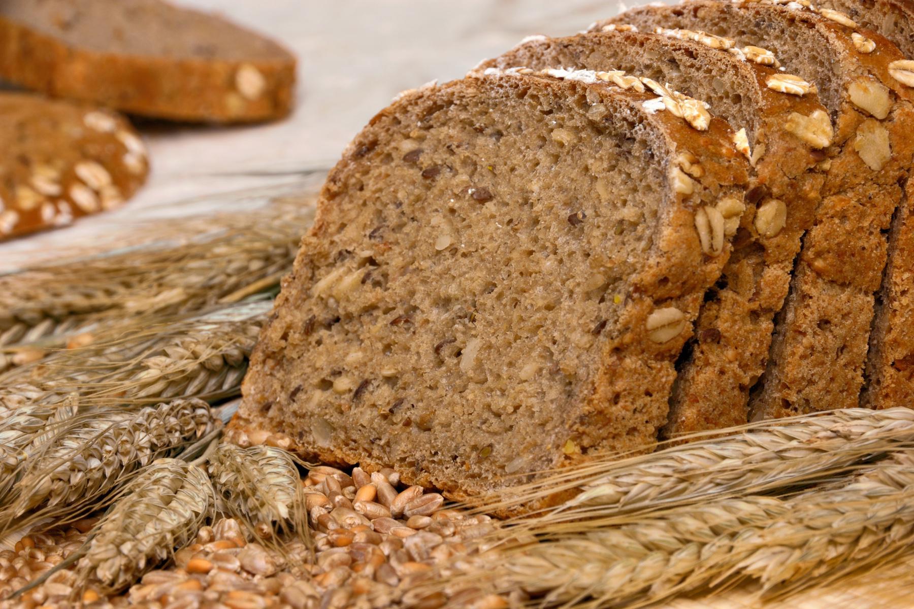 Close-up of sliced whole grain bread.