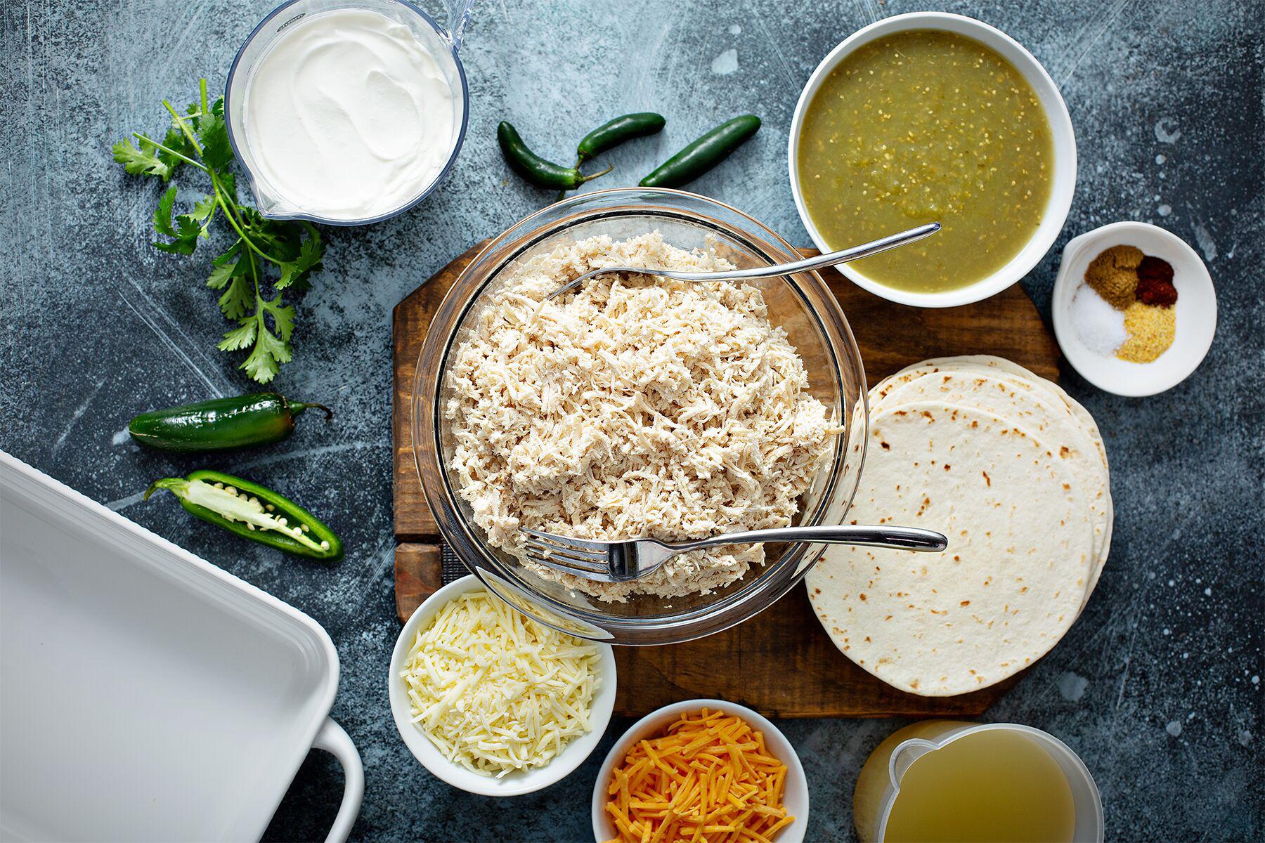 A Table Spread with the Makings for Chicken Enchiladas
