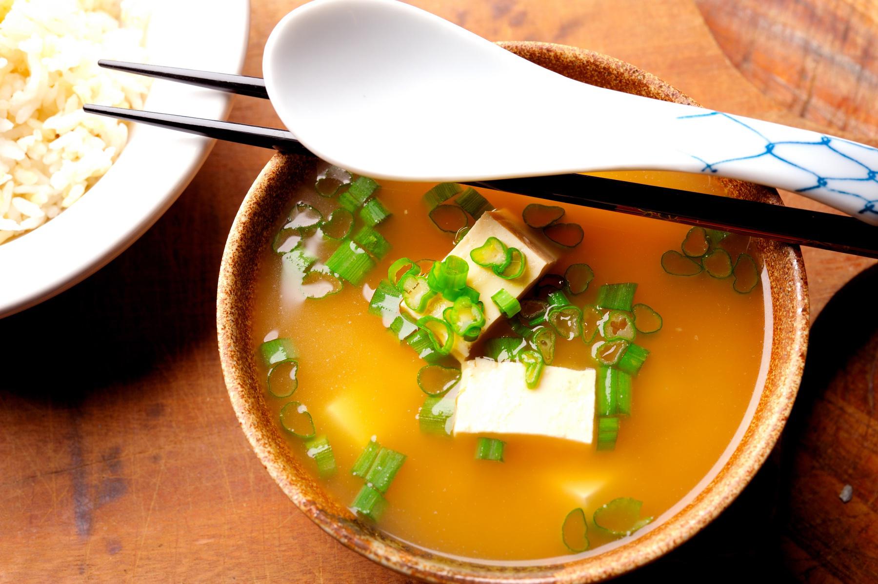 Overhead shot of a bowl of miso soup.
