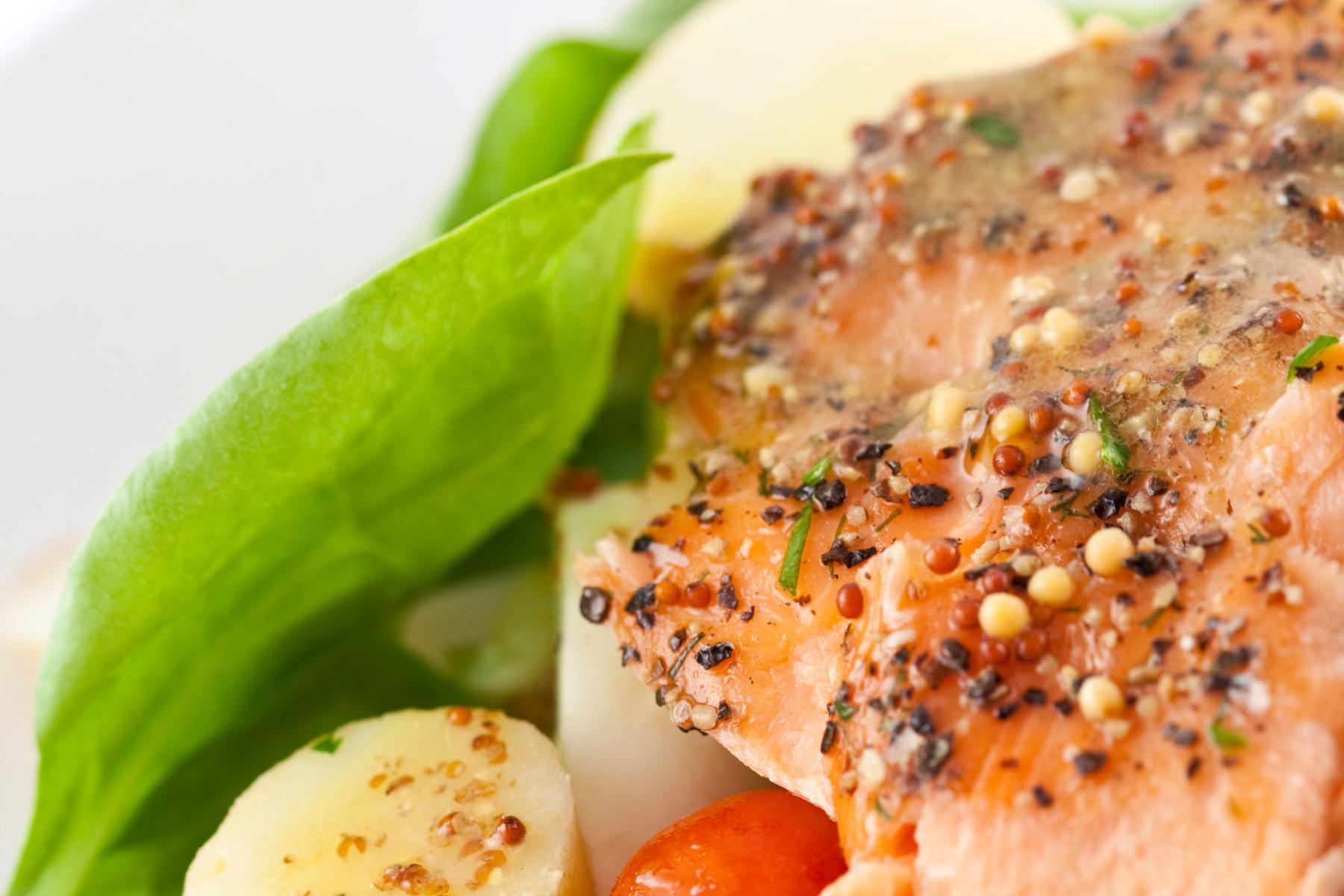 Close-up of roasted salmon.