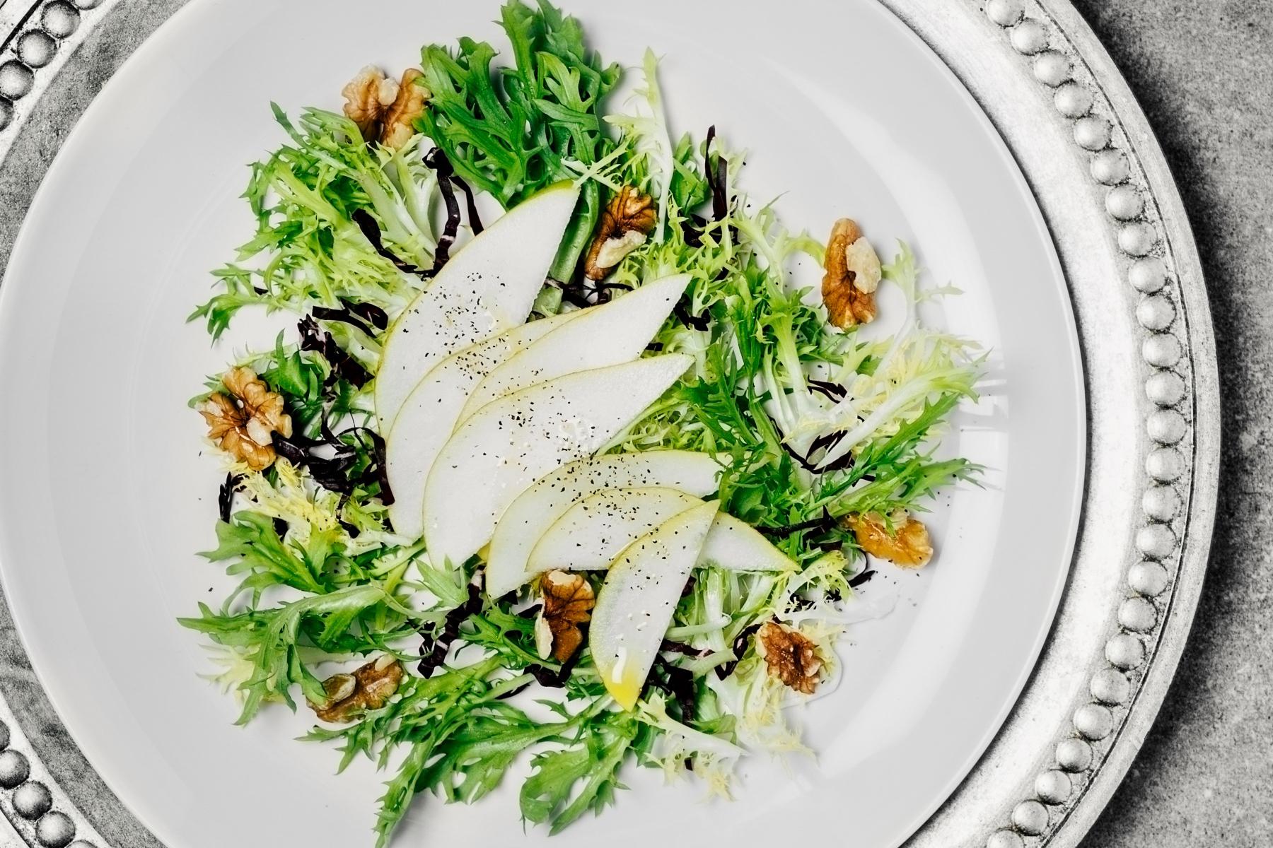 Overhead view of pear Waldorf salad.