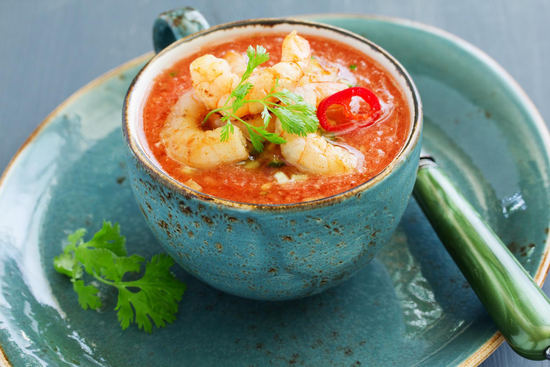 Overhead view of a bowl of gazpacho.