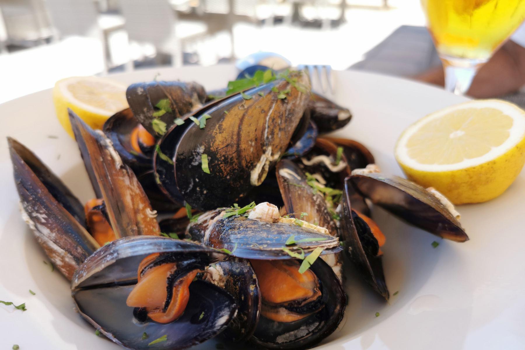 A plate of steamed mussels with a slice of lemon on the side.