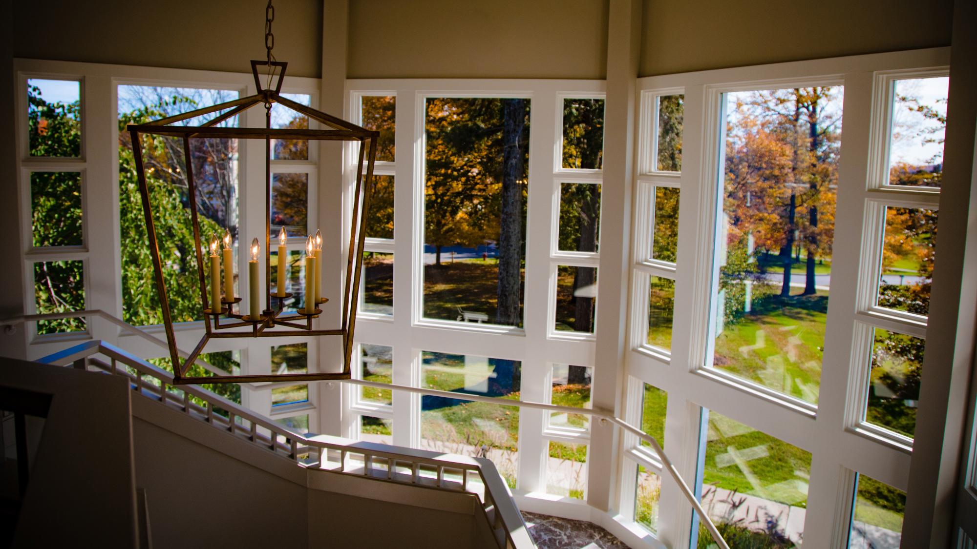 Stairwell in Lenox surrounded by large windows