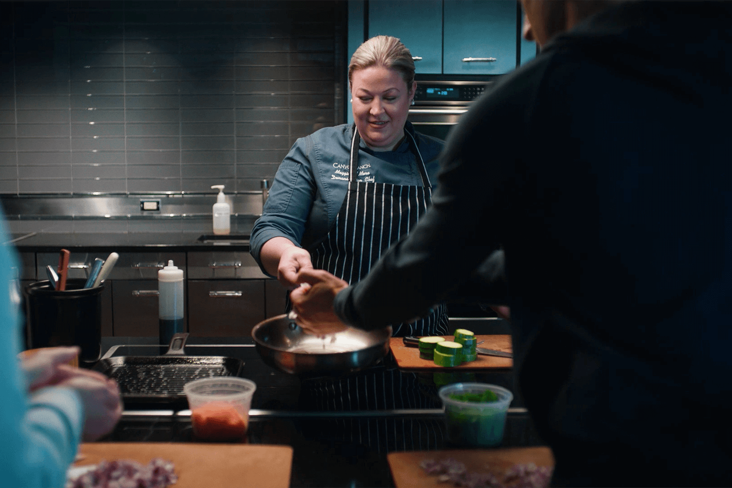 Close-up of cooking in demo kitchen.