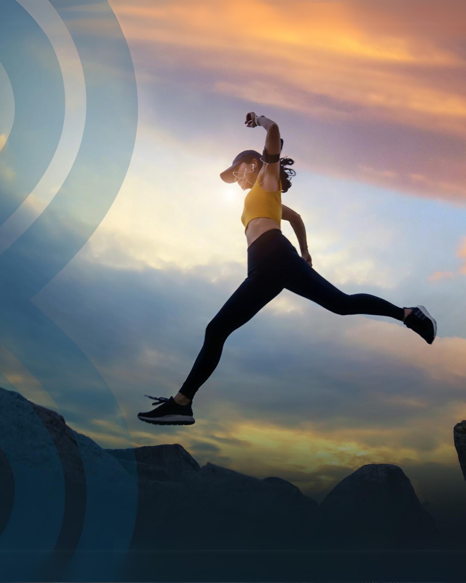 A woman leaping on boulders
