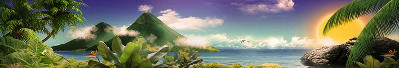 An artificial landscape with jungle, volcanoes, the sea under a yellow sun, representing the nature in Costa Rica. Seen at Wild Rider cheapest 4x4 car rental in Costa Rica.