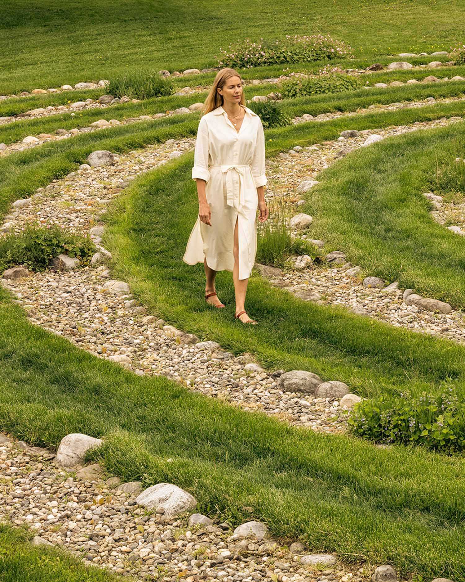a woman walking peacefully